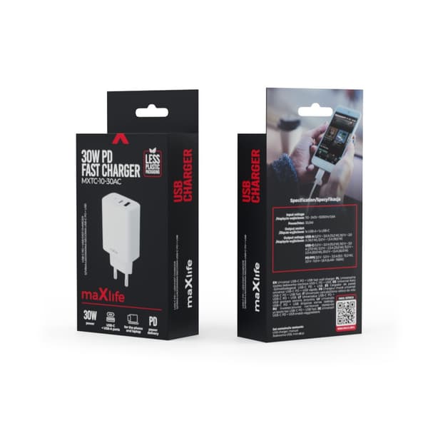30W Hurtigoplader til iPhone / Samsung PD, QC Dual Port USB-C