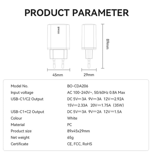 Hurtiglader til iPhone / Samsung QC 35W PD 2XUSB-C Væglader