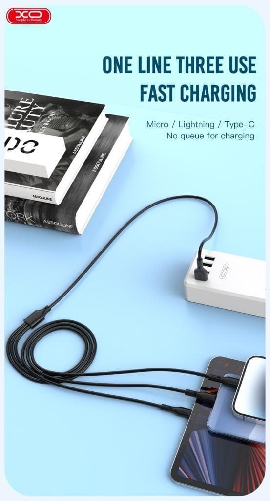 3-i-1 USB-opladerkabel 1m 3A – Lightning, USB-C & Micro USB | XO NB230