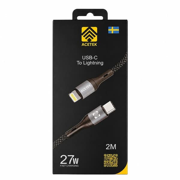 Acetek 2m USB-C til Lightning Hurtigopladningskabel – Nylon 27W til iPhone, iPad