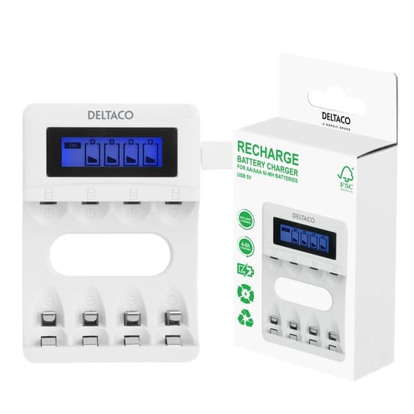 DELTACO Batterioplader AA/AAA – NiMH Oplader med Display (4 Pladser)
