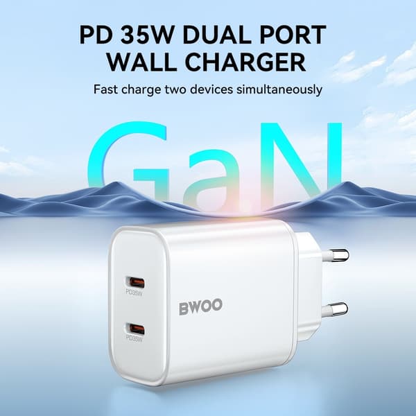 Hurtiglader til iPhone / Samsung QC 35W PD 2XUSB-C Væglader