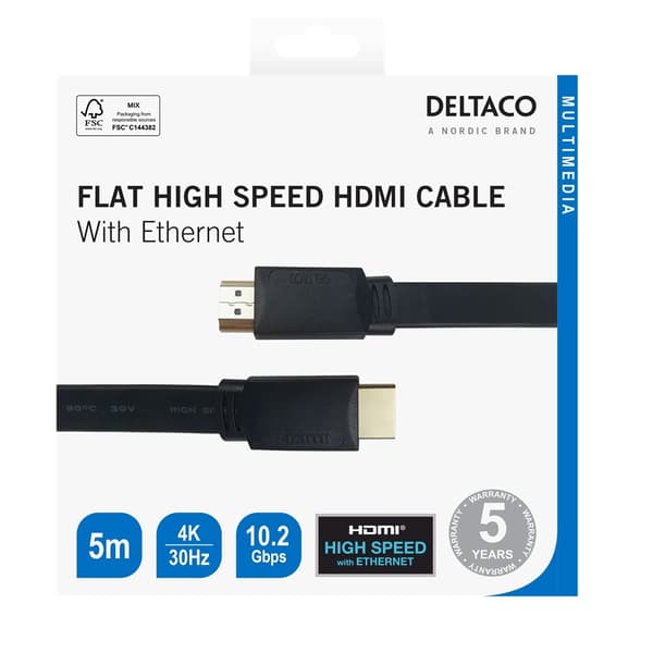 DELTACO Flat High Speed HDMI-kabel med Ethernet – 5m | 4K 30Hz | 10,2Gbps