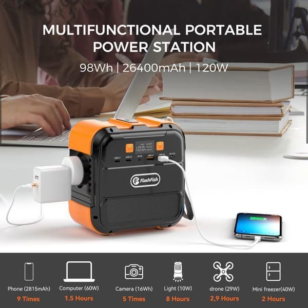 FLASHFISH A101 Bärbar Elstation, Mini Elgenerator 98Wh/120W, USB-C PD Bärbart Batteri för Camping