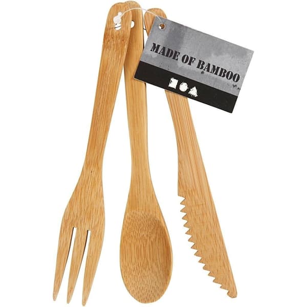 Bestick av Bambu - 16 cm - 1 set Kniv, Gaffel, Sked