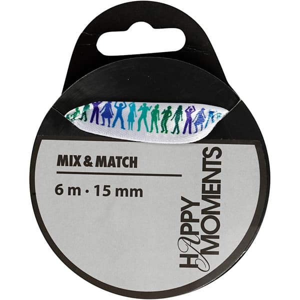 Satinband med tryck - B: 15 mm - Turkos - 6 m