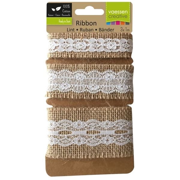 Juteband med Spets - Ivory - 3 st á 1 m