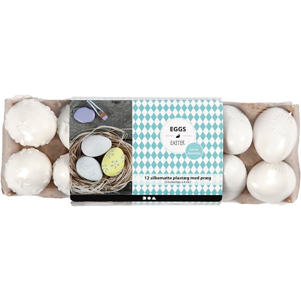Påskägg - H: 6 cm - Vit - Embossad - Plast - 12 st