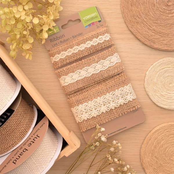 Juteband med Spets - Creme - 3 st á 1 m