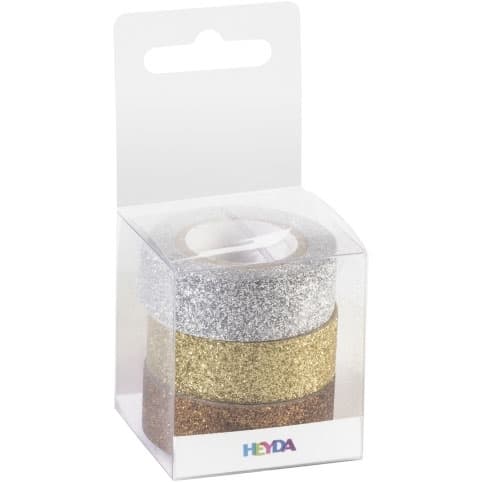 Glittertejp Heyda - 15 mm 3-pack - Silver, Guld, Koppar