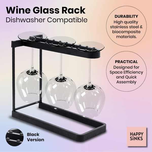Happy Sinks Vinglasstativ til Opvaskemaskine – Sort, 3 Glas – Rustfrit Stål, Sammenfoldelig