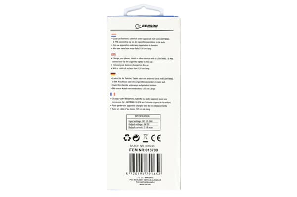 Billader Lightning-kabel 1,2 m 12-24 V