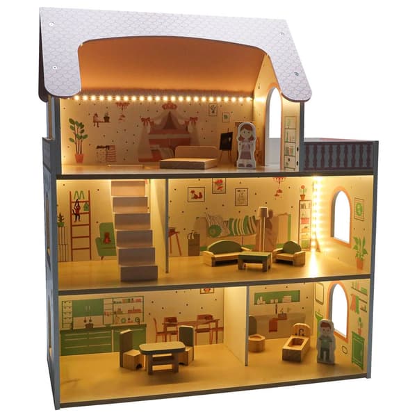 Trædukkehus 70 cm rosa LED