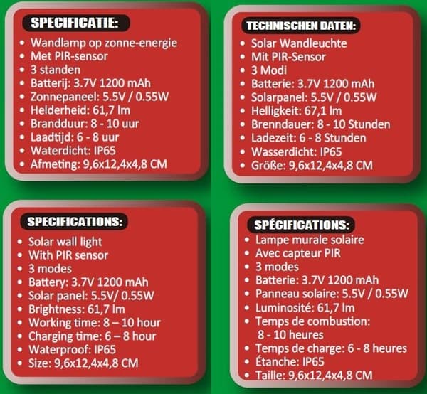 Vegglampe solcelle LED med sensor IP65