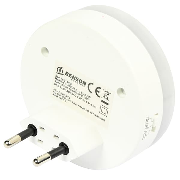 Nattlampe med USB-A og USB-C-uttak og sensor