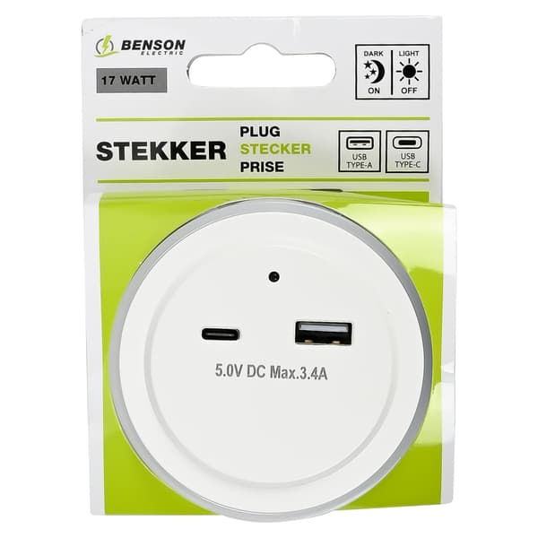 Nattlampe med USB-A og USB-C-uttak og sensor