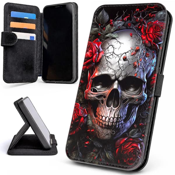 Lommebok Deksel / Mobildeksel til iPhone 17 Pro Max - Skull Roses