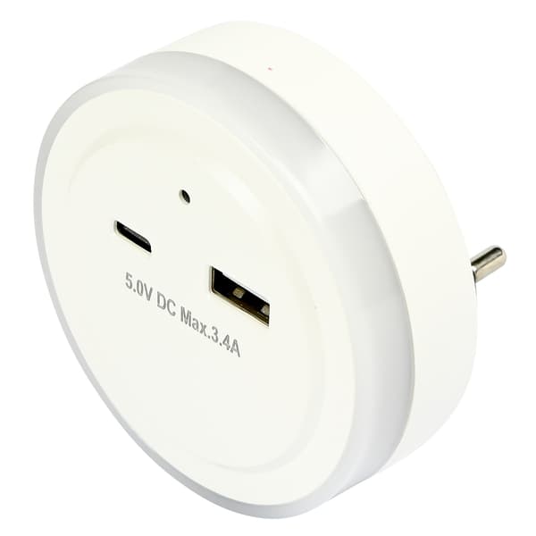 Nattlampe med USB-A og USB-C-uttak og sensor