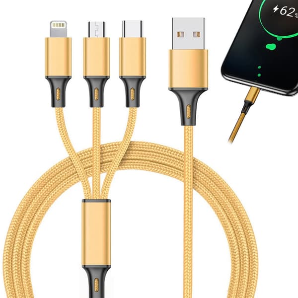 3in1 usb kabel för telefon lightning kabel iphone micro usb typ-c 1,2m - Gold