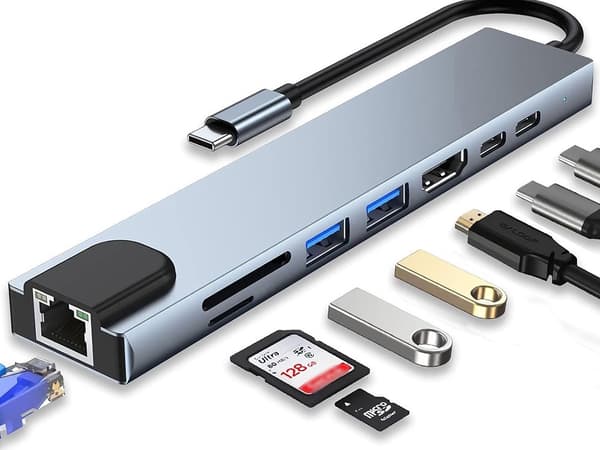 Adapter 8-i-1 USB-C - Thunderbolt, HDMI, SD og RJ45