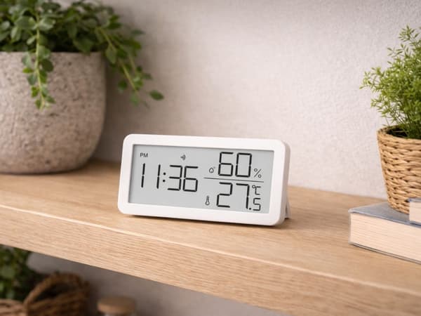 Digitalt termometerhygrometer med klokke