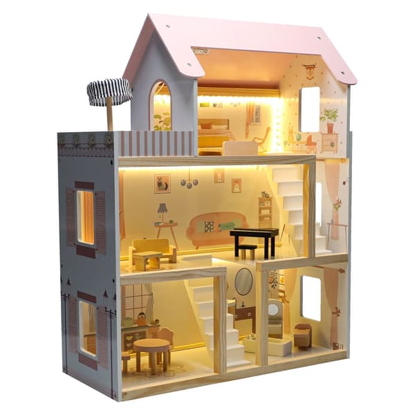 Trähus dockhus möbler 80 cm rosa LED