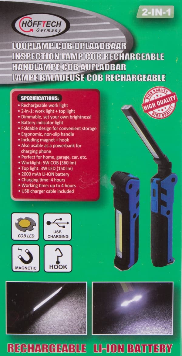 Tarkastusvalo + taskulamppu 2-in-1 ladattava 2000 mAh
