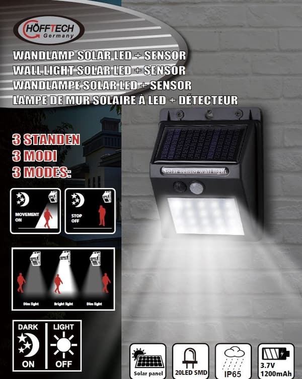 Vägglampa solcell LED med sensor IP65