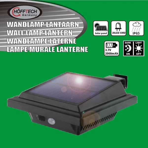 Væglampe flad solcelle LED + bevægelsessensor IP65