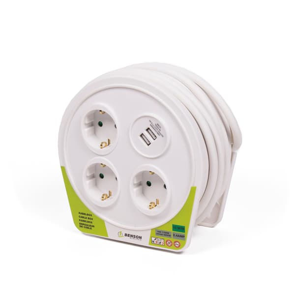 Kabelboks 10 m 3 uttak + 2 USB 2,4 A