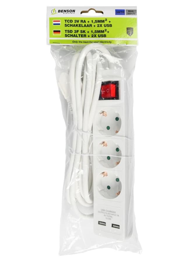 Stikdåse 3-vejs jordet 2xUSB 3 m