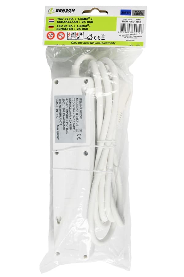 Stikdåse 3-vejs jordet 2xUSB 3 m