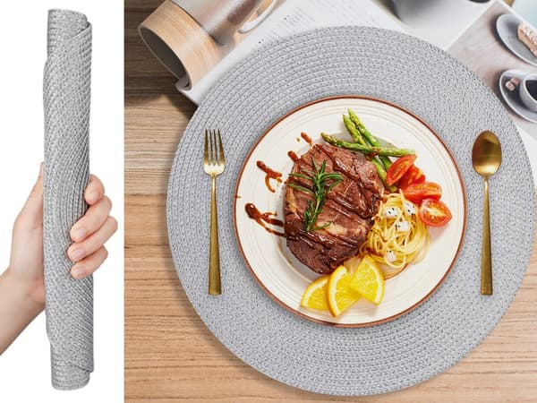 Rund bordstablett för köksbord flätad bordsmatta grå