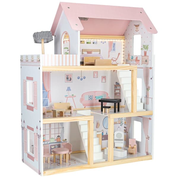 Trähus dockhus möbler 80 cm rosa LED