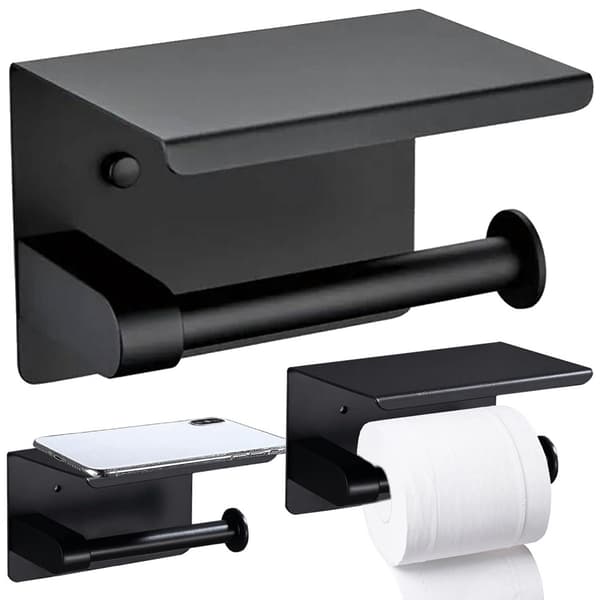 Toiletpapirholder med hylde - Sort stål, moderne design