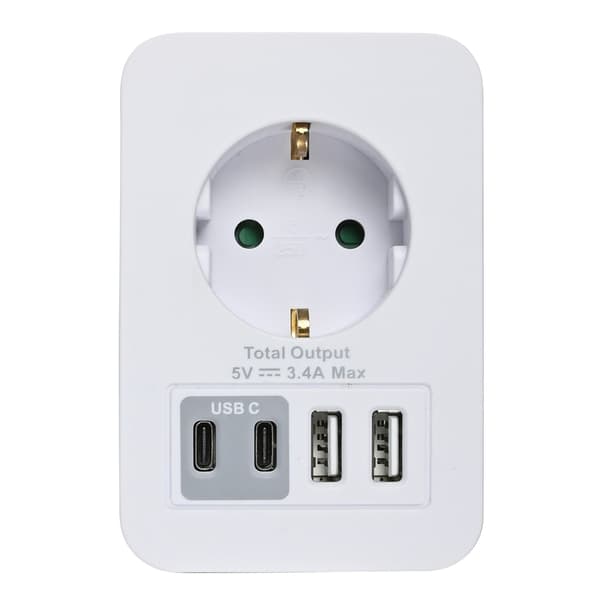 Pistorasia, jossa 2 USB-A- ja 2 USB-C-porttia