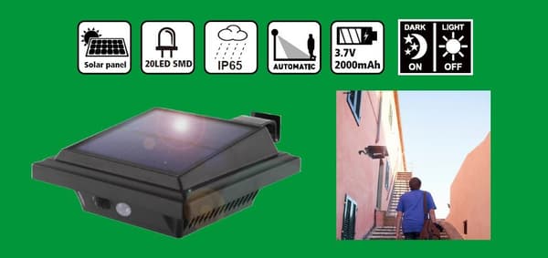 Vegglampe flat solcelle LED + bevegelsessensor IP65