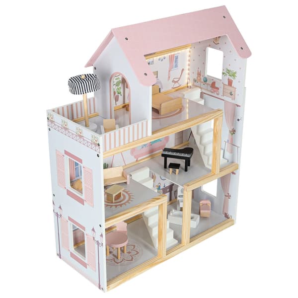 Trehus dukkehus møbler 80 cm rosa LED