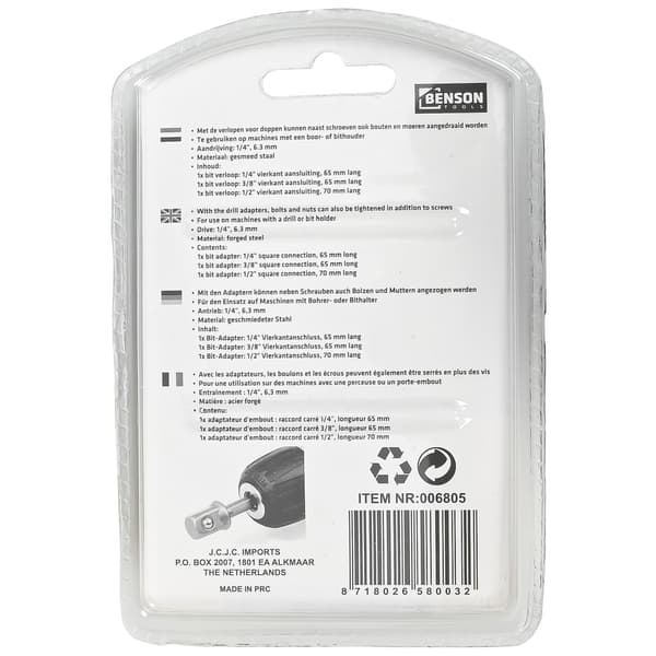 Adapter bor til topnøgle 1/4-3/8-1/2\" x 70 mm