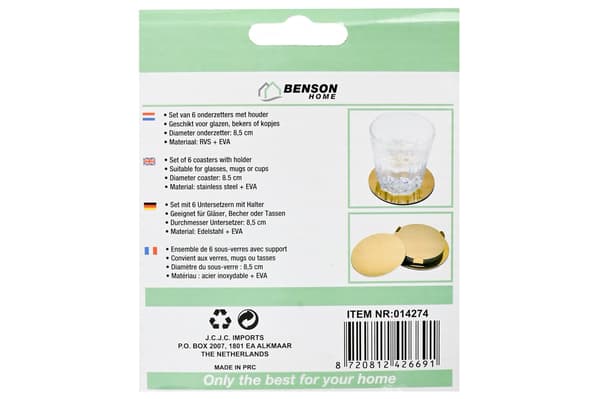 Glasbrikker guld rustfrit stål 8,5 cm 6 stk med holder