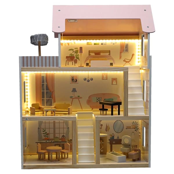 Trehus dukkehus møbler 80 cm rosa LED
