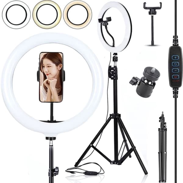 LED-ringlys + stativ - Mobilholder med 3 farvetoner