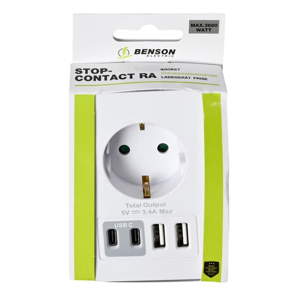 Stikkontakt med 2 USB-A og 2 USB-C