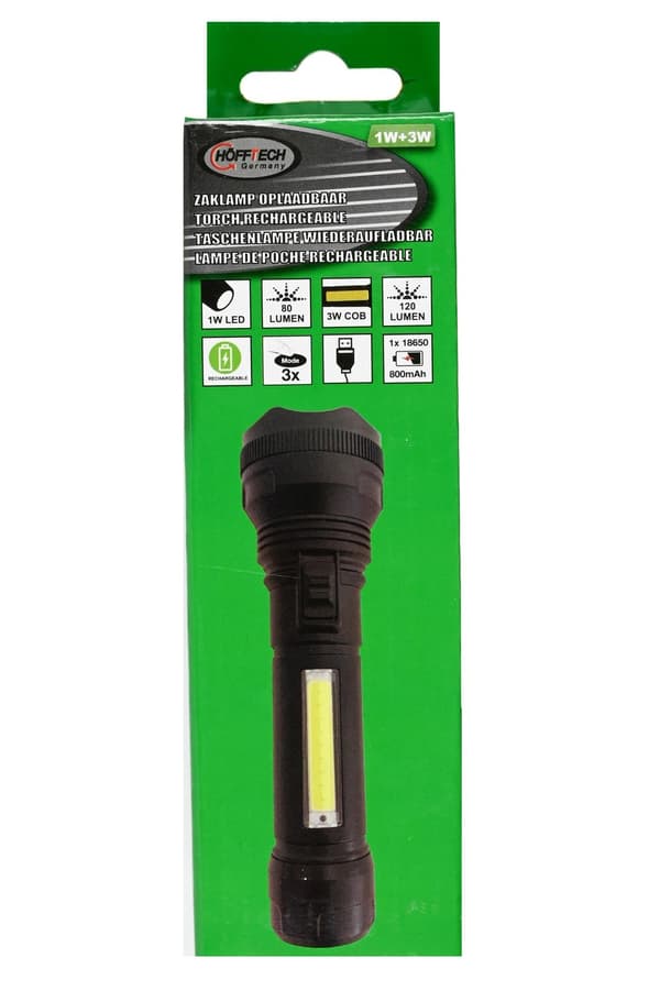 Taskulamppu 1 W LED + 3 W COB ladattava musta