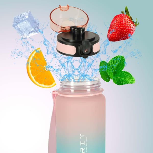 600ml Vattenflaska med Sugrör & Tidsmarkör - Pink