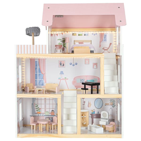 Trehus dukkehus møbler 80 cm rosa LED