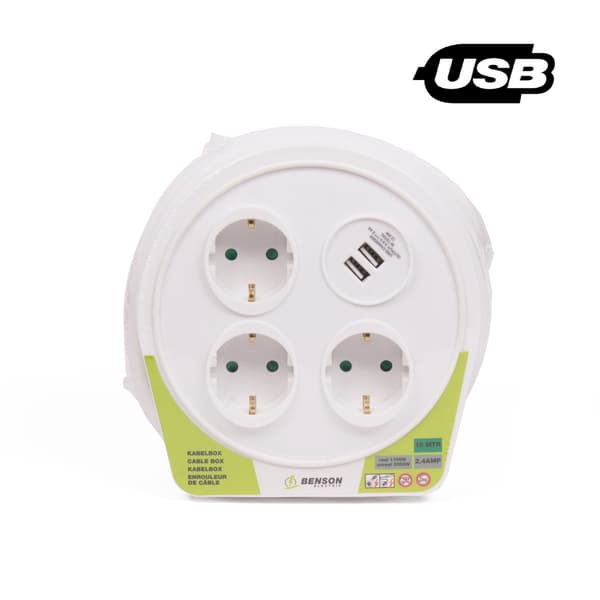 Kabelboks 10 m 3 stikdåser + 2 USB 2,4 A
