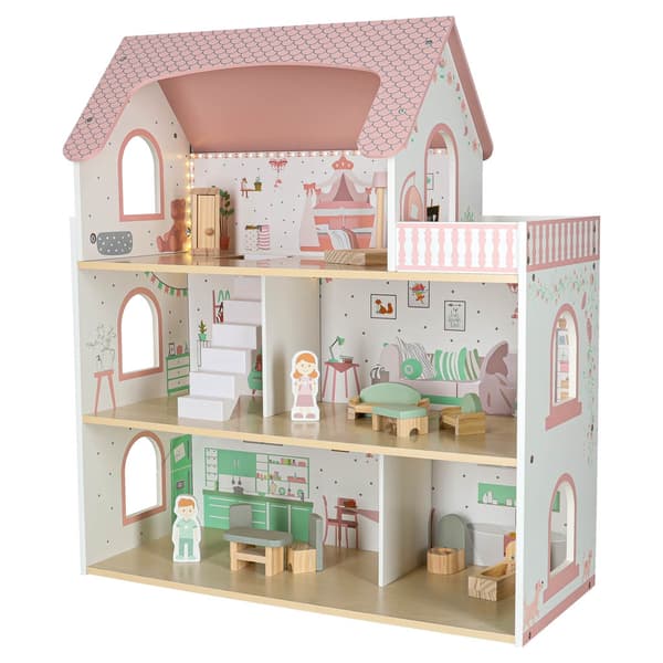Trædukkehus 70 cm rosa LED