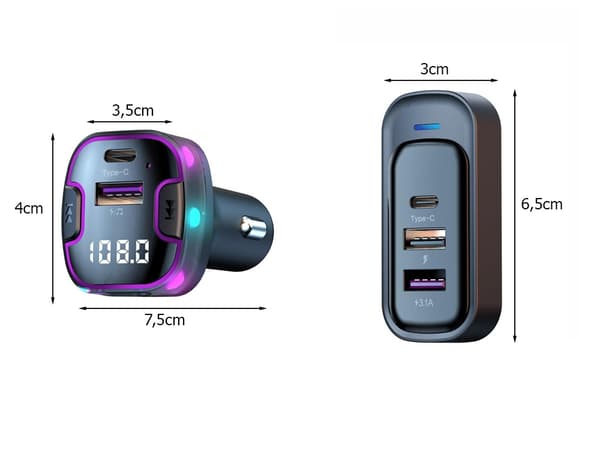 Bluetooth-sändare bil - FM adapter 3× USB och Type-C
