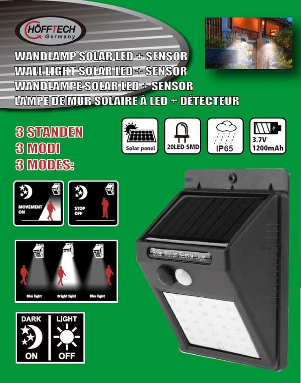 Vägglampa solcell LED med sensor IP65
